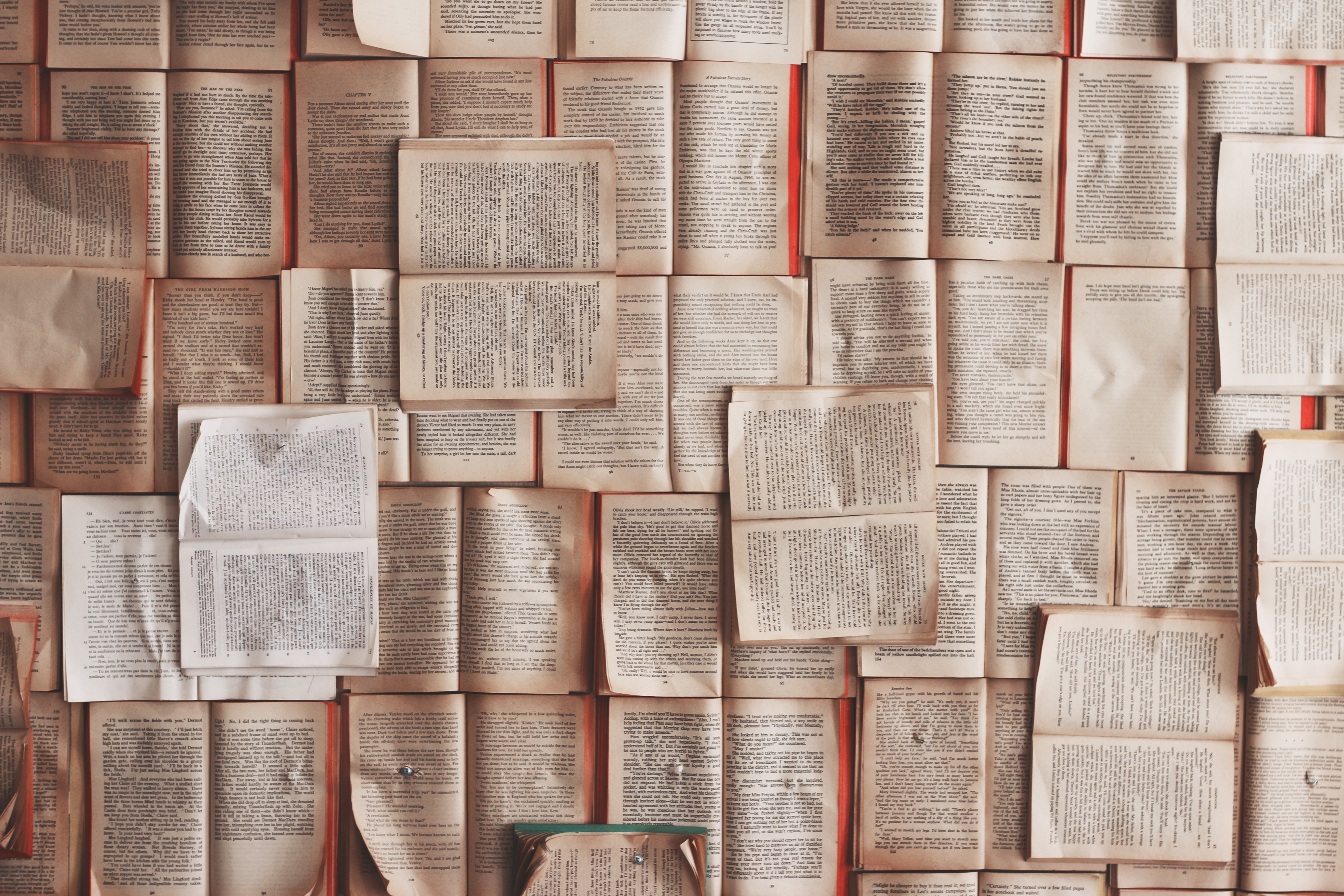 numerous books open on a board